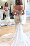 Sexy Off the Shoulder White Lace Mermaid Chapel Train Wedding Dresses Bridal Dress