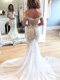Sexy Off the Shoulder White Lace Mermaid Chapel Train Wedding Dresses Bridal Dress