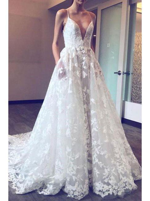 A Line V Neck Spaghetti Straps Ivory High Quality Lace Wedding Dresses Bridal Dress