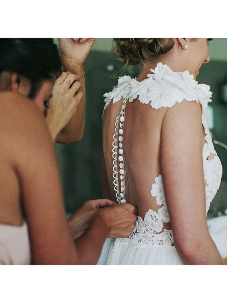 Deep V Neck Lace Appliques See Through Back Ivory Wedding Dresses Bridal Dress