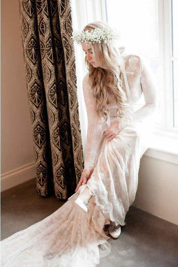 Long Sleeves Ivory Lace Cathedral Train Fashion Wedding Dresses Bridal Dress