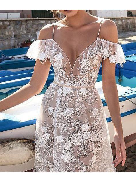 Sexy Open Back Off the Shoulder Lace V Neck See Through Beach Wedding Dresses Bridal Dress