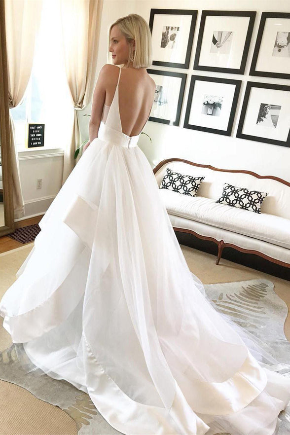 V Neck Spaghetti Straps Backless High Low Tiered Skirt Wedding Dresses Bridal Dress
