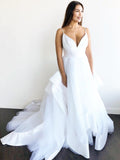V Neck Spaghetti Straps Backless High Low Tiered Skirt Wedding Dresses Bridal Dress