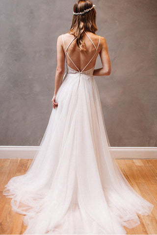 Gorgeous A Line Open Back Spaghetti Straps Wedding Dresses Bridal Dress With Beaded Belt