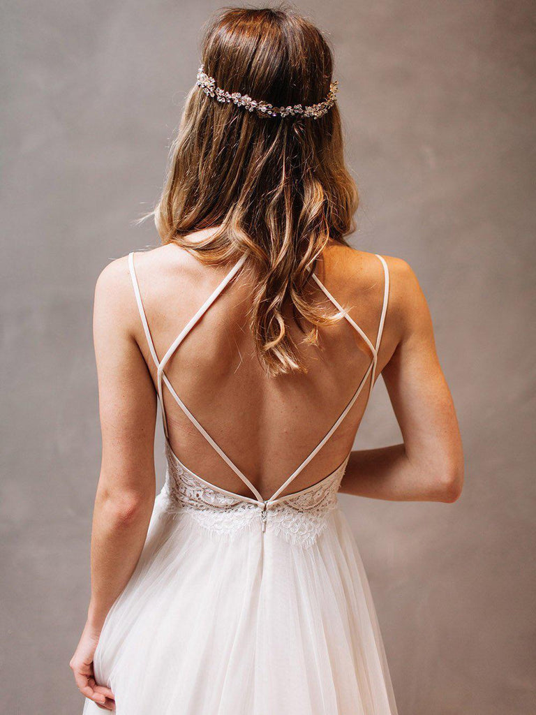 Gorgeous A Line Open Back Spaghetti Straps Wedding Dresses Bridal Dress With Beaded Belt