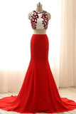 High Neck 2 Piece Red Chiffon MermaidEvening Gowns Prom Dress