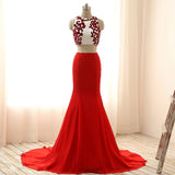 High Neck 2 Piece Red Chiffon MermaidEvening Gowns Prom Dress