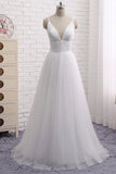 Elegant A Line V Neck Spaghetti Straps Ivory Tulle Beach Wedding Dresses Prom Dress