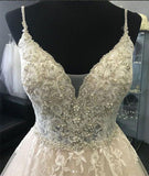 Spaghetti Straps Appliques Ivory V Neck Beaded Wedding Dresses Bridal Gown Dress