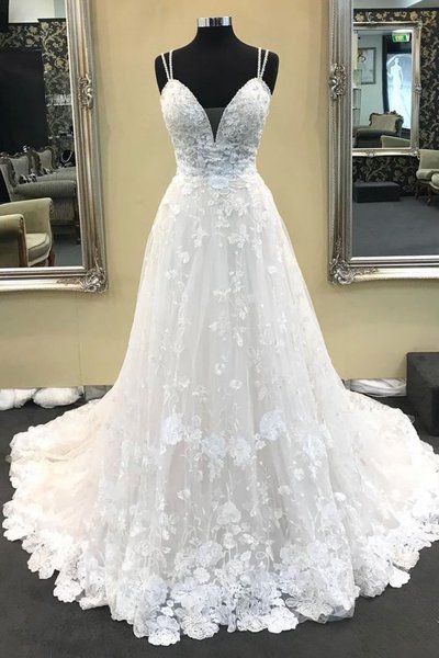 A Line Spaghetti Straps Lace Ivory V Neck High Quality Wedding Dresses Bridal Gown Dress