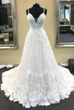 A Line Spaghetti Straps Lace Ivory V Neck High Quality Wedding Dresses Bridal Gown Dress