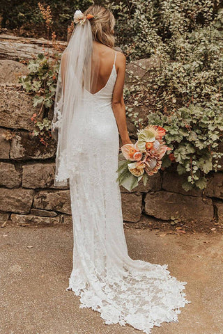 Sexy Open Back Spaghetti Straps Mermaid Ivory Lace Split Wedding Dress Bridal Dresses