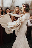 Ivory Lace Long Sleeves Mermaid Wedding Dress Bridal Dresses With Beaded Belt