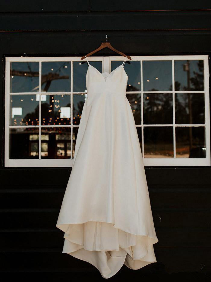 Simple A Line Spaghetti Straps V Neck Ivory Satin Plus Size Wedding Dress Bridal Dresses