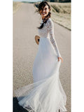 Open Back Long Sleeves Ivory Lace Tulle Outside Wedding Dress Bridal Gown Dresses
