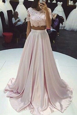 Pink Lace Short Sleeves 2 Piece Long Evening Gowns Prom Dress