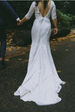 Mermaid 3/4 Long Sleeves Backless White Lace Deep V Neck Wedding Dress Bridal Dresses