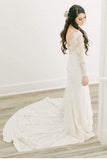 Open Back Long Sleeves Sheath Ivory Lace Chapel Train Wedding Dresses Bridal Dress