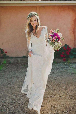 Fashion V Neck Long Sleeves Ivory Lace Mermaid Wedding Dresses Bridal Dress