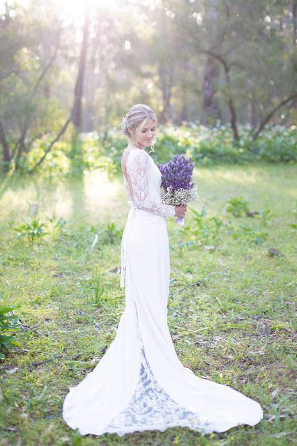 Charming Long Sleeves Backless White Lace Outside Sheath Wedding Dresses Bridal Dress