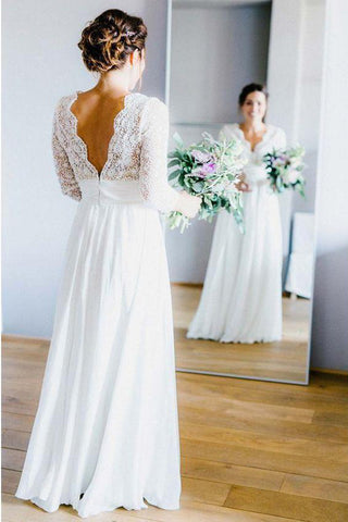 3/4 Sleeves V Neck Ivory Lace Long Wedding Dresses Bridal Dress