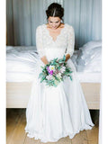 3/4 Sleeves V Neck Ivory Lace Long Wedding Dresses Bridal Dress