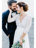 3/4 Sleeves V Neck Ivory Lace Long Wedding Dresses Bridal Dress