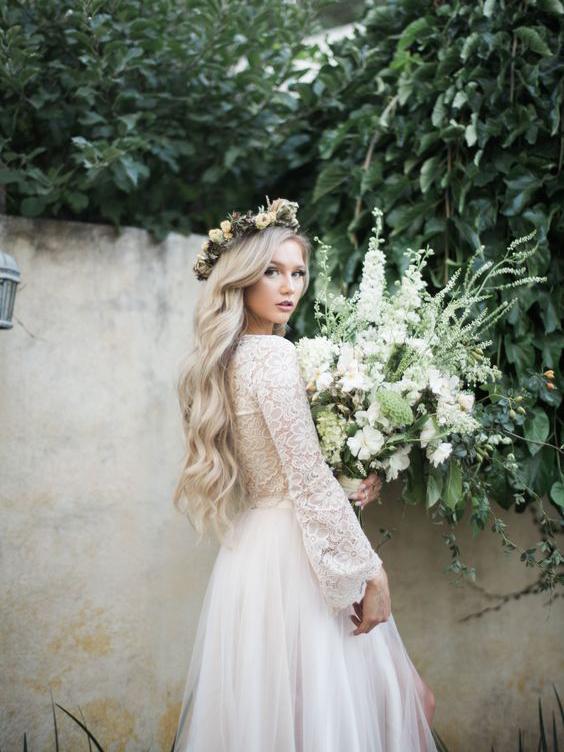 Long Sleeves Front Split Ivory Lace Tulle Floor Length Wedding Dresses Bridal Dress