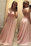 Open Back V Neck Spaghetti Straps Pink Long Evening Prom Dress