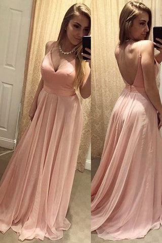 Open Back V Neck Spaghetti Straps Pink Long Evening Prom Dress
