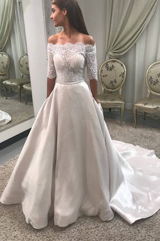 A Line Half Sleeves Off the Shoulder Lace Satin Wedding Dresses Bridal Dress