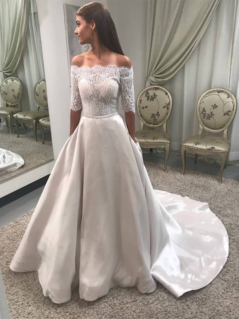 A Line Half Sleeves Off the Shoulder Lace Satin Wedding Dresses Bridal –  Laurafashionshop