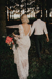 Lace Appliques Open Back Long Sleeves Sheath Ivory Wedding Dress Bridal Dresses