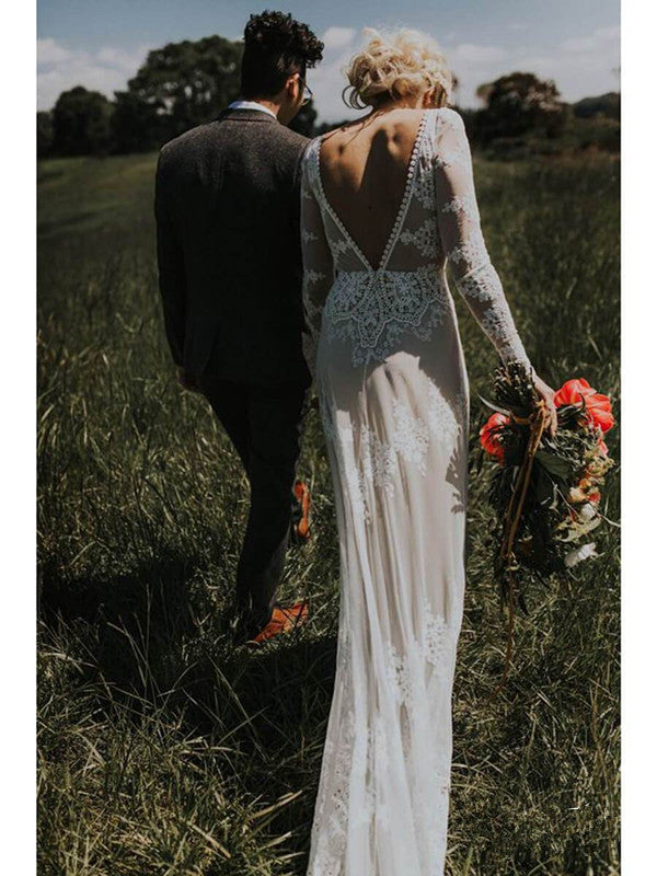 Lace Appliques Open Back Long Sleeves Sheath Ivory Wedding Dress Bridal Dresses