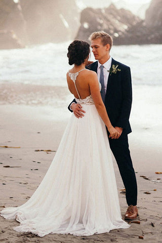 Open Back V Neck Spaghetti Straps Beach Beaded Wedding Dress Bridal Dresses