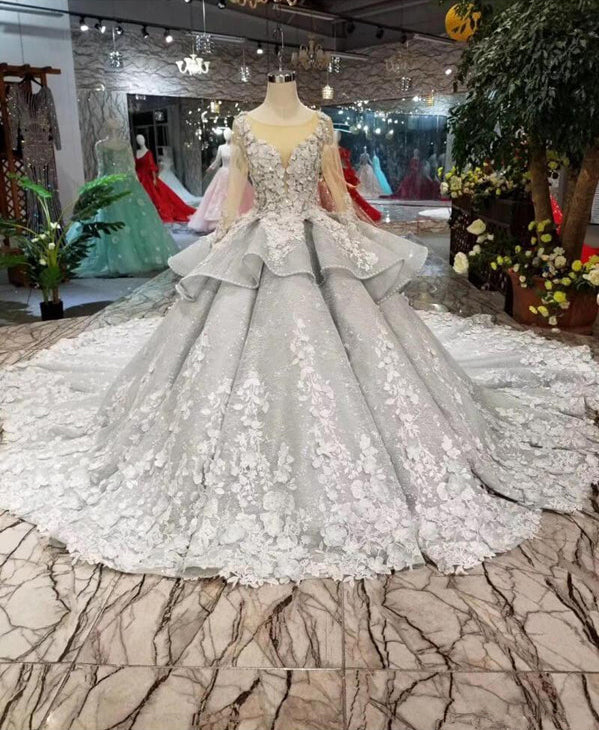 Chic Long Sleeves Grey Lace See Through Ball Gown Bridal Wedding Dresses Quinceanera Dress