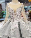 Chic Long Sleeves Grey Lace See Through Ball Gown Bridal Wedding Dresses Quinceanera Dress