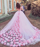 Luxurious Off the Shoulder Ball Gown Hand Flowers Pink Wedding Dresses Prom Quinceanera Dress LD1596