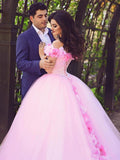 Luxurious Off the Shoulder Ball Gown Hand Flowers Pink Wedding Dresses Prom Quinceanera Dress LD1596