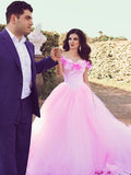 Luxurious Off the Shoulder Ball Gown Hand Flowers Pink Wedding Dresses Prom Quinceanera Dress LD1596