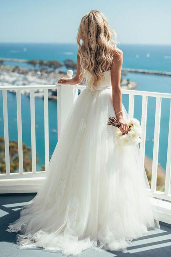 A Line Spaghetti Straps Appliques Ivory Princess Wedding Dresses Bridal Gown Dress