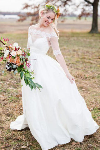Half Sleeves Off the Shoulder A Line Appliques Satin Wedding Dresses Bridal Dress