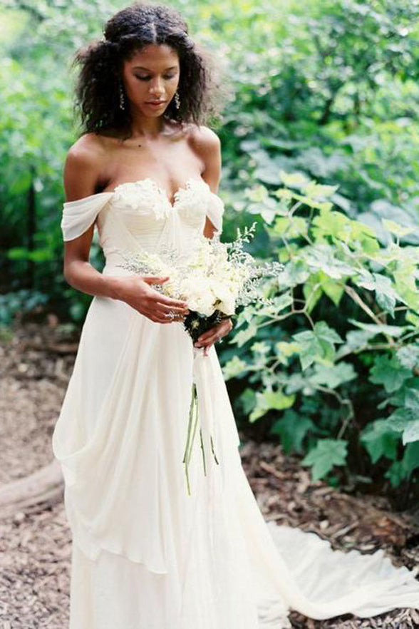 Fashion Off the Shoulder A Line Ivory High Low Tiered Wedding Dresses Bridal Dress