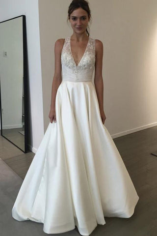 Fashion V Neck A Line Lace Ivory Satin See Through  Wedding Dresses Bridal Gown Dress