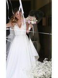 Fashion V Neck A Line Lace Ivory Satin See Through  Wedding Dresses Bridal Gown Dress