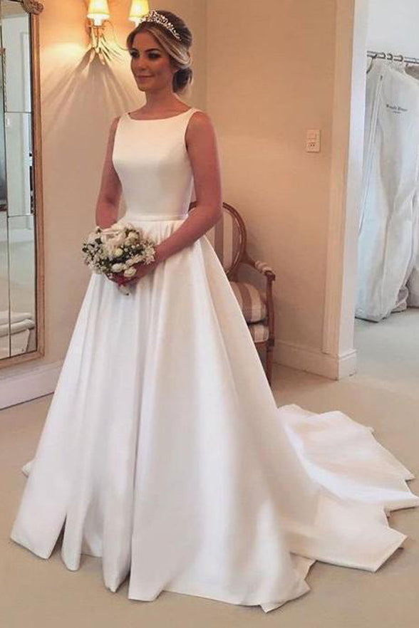 A Line Princess Open Back Ivory Satin Chapel Train Wedding Dresses Bridal Gown Dress