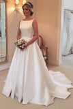 A Line Princess Open Back Ivory Satin Chapel Train Wedding Dresses Bridal Gown Dress