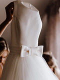 Simple Open Back A Line Ivory Princess Wedding Dresses Bridal Gown Dress With Bow