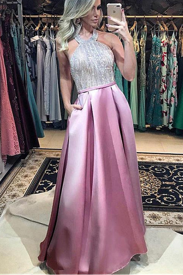 Fashion A Line Halter Long Backless Prom Dresses Evening Dress For Party With Pocket